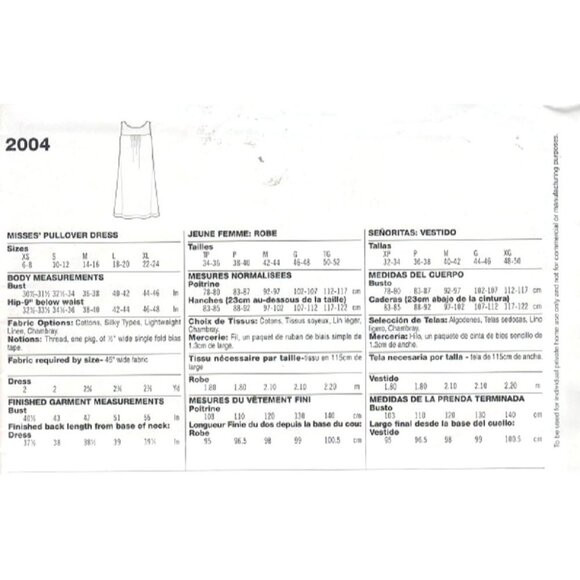 Simplicity Sewing Pattern 2004 Pullover Dress Easy to Sew Misses Size XS-XL - Picture 2 of 2